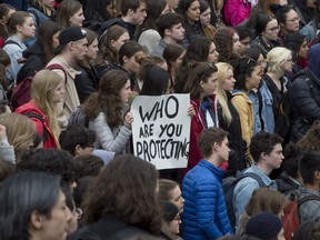 Students from McGill and Concordia universities gathered on the McGill campus Wednesday, April 11, 2018 to call for action over sexual violence complaints.