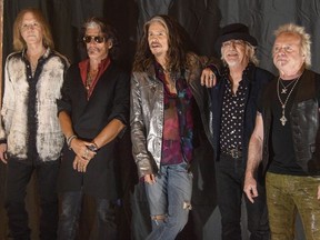 From left : Tom Hamilton,  Joe Perry, Steven Tyler, Brad Whitford, and Joey Kramer of the US rock band Aerosmith pictured during a photo call in Munich, Germany, Thursday, May 25, 2017.