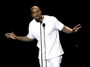 FILE - In this Aug. 28, 2016 file photo, Kanye West speaks at the MTV Video Music Awards in New York.