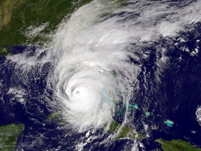 In this NOAA-NASA GOES Project handout image, GOES satellite shows Hurricane Irma as it makes landfall on the Florida coast as a category 4 storm on September 10, 2017.