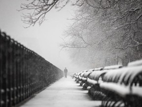 A lone man walks in the snow on the Brooklyn Promenade, April 2, 2018 in the Brooklyn borough of New York City.