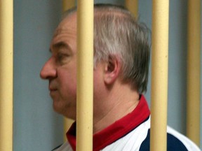 Former Russian military intelligence colonel Sergei Skripal attends a hearing at the Moscow District Military Court in Moscow on August 9, 2006.