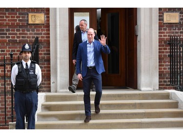 Britain's Prince William, Duke of Cambridge, gives a wave as he leaves the Lindo Wing at St Mary's Hospital in central London, on April 23, 2018, after his wife Britain's Catherine, Duchess of Cambridge, gave birth to a son, their third child.   Kate, the wife of Britain's Prince William, has given birth to a baby son, Kensington Palace announced Monday. "Her Royal Highness The Duchess of Cambridge was safely delivered of a son at 11:01 (1001 GMT)," the palace said in a statement. The baby boy weighs eight pounds and seven ounces (3.8 kilogrammes).