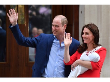 Britain's Prince William, Duke of Cambridge (L) and Britain's Catherine, Duchess of Cambridge show their newly-born son, their third child, to the media outside the Lindo Wing at St Mary's Hospital in central London, on April 23, 2018.