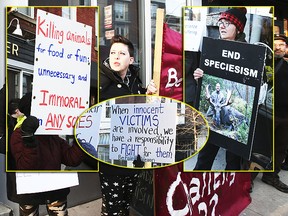 Protesters gather in front of Antler Restaurant on Dundas St. W. in Toronto, Ont., on Thursday, April 5, 2018. (VERONICA HENRI/TORONTO SUN)