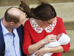 Britain's Prince William and Kate, Duchess of Cambridge with their newborn baby son as they leave the Lindo wing at St Mary's Hospital in London London, Monday, April 23, 2018. The Duchess of Cambridge gave birth Monday to a healthy baby boy -- a third child for Kate and Prince William and fifth in line to the British throne.