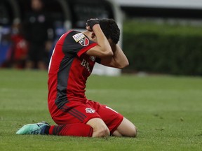 Toronto FC Ager Aketxe holds his head in disbelief after missing a shot to score against Chivas during the championship of the CONCACAF Champions League final soccer match in Guadalajara, Mexico, Wednesday, April, 25, 2018. (AP Photo/Eduardo Verdugo) ORG XMIT: XEV149
