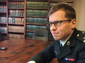Prosecutor Maj. Dominic Martin is shown at the court martial of former reservist Andreas Felipe Florian-Rodriguez in Halifax, Monday, April 9, 2018.