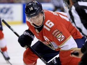 Aleksander Barkov of the Florida Panthers faces off during a game against the Pittsburgh Penguins at BB&T Center on Oct. 20, 2017