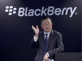 Blackberry executive chairman and CEO John Chen speaks during a presentation at the Mobile World Congress wireless show in Barcelona, Spain, Tuesday, March 3, 2015.  (AP Photo/Manu Fernandez)