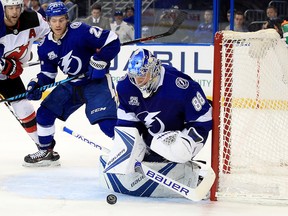 Andrei Vasilevskiy of the Tampa Bay Lightning makes a save during Game 1 against the New Jersey Devils at Amalie Arena on April 12, 2018 in Tampa. (Mike Ehrmann/Getty Images)