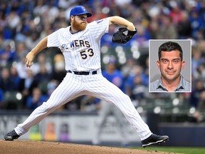 WITI-TV reporter Adair Bayatpour (inset) was charged after allegedly hitting another reporter during a Milwaukee Brewers game against the Chicago Cubs. Brewers pitcher Brandon Woodruff throws in the main photo. (AP/Getty Images)