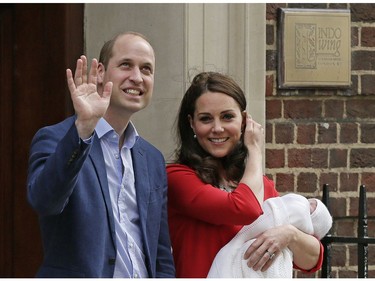 Britain's Prince William and Kate, Duchess of Cambridge wave as they hold their newborn baby son as they leave the Lindo wing at St Mary's Hospital in London London, Monday, April 23, 2018. The Duchess of Cambridge gave birth Monday to a healthy baby boy -- a third child for Kate and Prince William and fifth in line to the British throne.