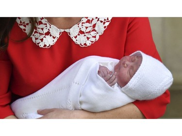 Britain's Prince William and Kate, Duchess of Cambridge with their newborn baby son as they leave the Lindo wing at St Mary's Hospital in London London, Monday, April 23, 2018. The Duchess of Cambridge gave birth Monday to a healthy baby boy -- a third child for Kate and Prince William and fifth in line to the British throne. (John Stillwell/Pool photo via AP) ORG XMIT: LLT101