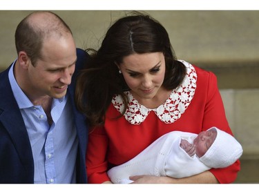 Britain's Prince William and Kate, Duchess of Cambridge with their newborn baby son as they leave the Lindo wing at St Mary's Hospital in London London, Monday, April 23, 2018. The Duchess of Cambridge gave birth Monday to a healthy baby boy -- a third child for Kate and Prince William and fifth in line to the British throne. (John Stillwell/Pool photo via AP) ORG XMIT: LLT102