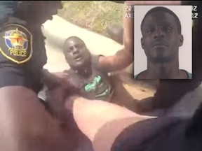 Forrest Curry seen in police body-cam footage during his arrest and in a mug shot (inset). (Forth Worth Police Department/Tarrant County Correction Center/HO)