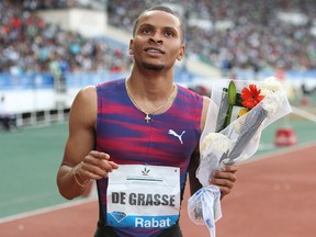 Canadian De Grasse Andre celebrates after winning the men's 200-meter at the International Mohammed VI track and field meeting in Rabat, Morocco, on July 16, 2017