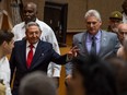 Handout picture released by Cuban website CubaDebate.cu shows Cuban President Raul Castro (left) and First Vice-President Miguel Diaz-Canel (right) arriving for a National Assembly session that named the latter as the candidate to succeed Castro as president, in Havana on Wednesday, April 18, 2018. (HO/AFP/Getty Images)