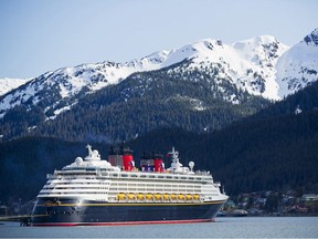 The Disney Wonder cruise ship sails to Juneau as part of its Alaska itinerary.