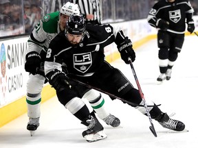 Drew Doughty of the Los Angeles Kings battles Antoine Roussel of the Dallas Stars for postition at Staples Center on April 7, 2018 in Los Angeles. (Sean M. Haffey/Getty Images)