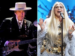 Bob Dylan and Kesha are seen in file photos. (TORSTEN BLACKWOOD/AFP/Getty Images/Michael Kovac/Getty Images for NARAS)