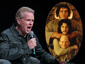 Cary Elwes takes part in a discussion at the Calgary Expo at Stampede Park on Sunday April 29, 2018. His co-stars from "The Princess Bride" (top to bottom Andre the Giant, Mandy Patinkin and Wallace Shawn are seen in a publicity photo inset. (Gavin Young/Postmedia/HO)