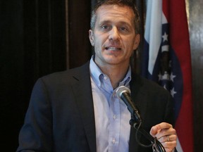 Missouri Gov. Eric Greitens speaks at a news conference about allegations related to his extramarital affair with his hairdresser, in Jefferson City, Mo., Wednesday, April 11, 2018. (J.B. Forbes/St. Louis Post-Dispatch via AP)