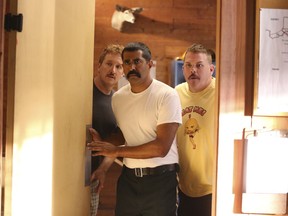 This image released by Fox Searchlight shows Paul Soter, from left, Jay Chandrasekhar and Kevin Heffernan in a scene from "Super Troopers 2."