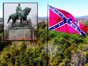 (L) The statue of Robert E. Lee is seen uncovered in Emancipation Park in Charlottesville, Va., on Wednesday, Feb. 28, 2018. (R) A photo provided by the Virginia Flaggers.