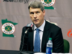 In this May 10, 2016, file photo, Minnesota Wild general manager Chuck Fletcher speaks at a news conference in St. Paul, Minn.