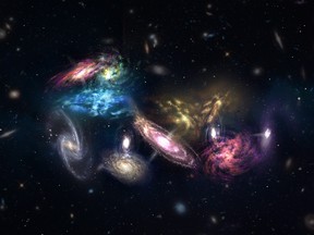 An artist's impression of the 14 galaxies detected by Atacama Large Millimeter/submillimeter Array (ALMA) as they appear in the very early, very distant universe are shown in this undated handout photo. (THE CANADIAN PRESS/HO - NRAO, AUI, NSF - S. Dagnello)