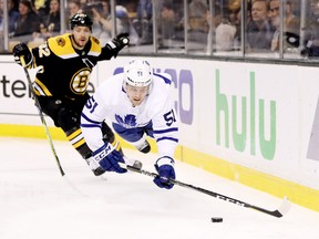 Maple Leafs defenceman Jake Gardiner hits the ice during the first period of Game 7 on Wednesday night against the Boston Bruins at TD Garde. (Maddie Meyer/Getty Images)
