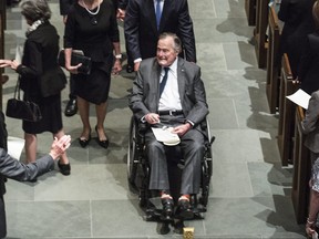 Former president George H.W. Bush, former president George W. Bush, former first lady Laura Bush and family leave St. Martin's Episcopal Church following the funeral service for former first lady Barbara Bush on April 21, 2018 in Houston, Texas. (Brett Coomer/Pool/Getty Images)