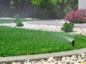 In this stock photo, a sprinkler waters a lawn on a summer day.