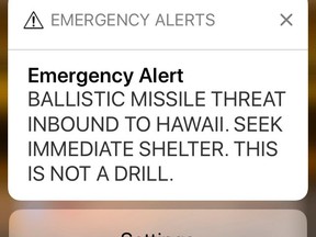 This Jan. 13, 2018 file smartphone screen capture shows a false incoming ballistic missile emergency alert sent from the Hawaii Emergency Management Agency system. (AP Photo/Caleb Jones, file)