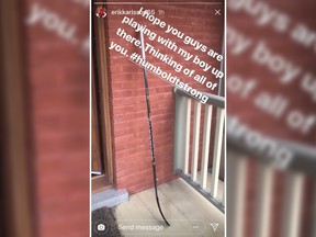 In a photo posted to Erik Karlsson's Instagram Story feed, a hockey stick sits on his front porch in solidarity with the victims of the Humboldt Broncos bus crash in this recent handout photo.