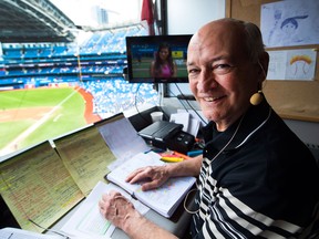 Toronto Blue Jays broadcaster Jerry Howarth overlooks the field from his broadcast booth before the Toronto Blue Jays play against the Chicago White Sox on June 17, 2017