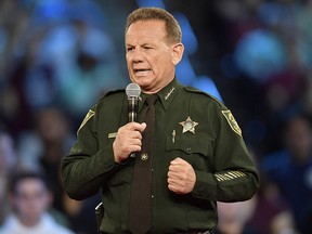 Broward County Sheriff Scott Israel speaks before a CNN town hall broadcast Wednesday, Feb. 21, 2018, at the BB&T Center, in Sunrise, Fla. (Michael Laughlin/South Florida Sun-Sentinel via AP)