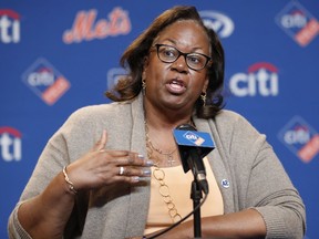 Sharon Robinson, daughter of Jackie Robinson, speaks to reporters before a baseball game between the New York Mets and the Milwaukee Brewers on Jackie Robinson Day, Sunday, April 15, 2018, in New York. (AP Photo/Kathy Willens)