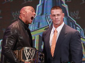 The Rock and John Cena attend the WrestleMania 29 Press Conference at Radio City Music Hall on April 4, 2013 in New York City.  (Photo by Taylor Hill/Getty Images)