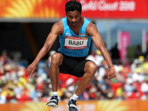 In this April 12, 2018 photo, India's Rakesh Babu competes in the men's triple jump qualifying at Carrara Stadium during the Commonwealth Games on the Gold Coast, Australia