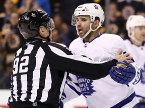 Nazem Kadri of the Toronto Maple Leafs reacts after being called for boarding against the Boston Bruins at TD Garden on April 12, 2018 in Boston. (Maddie Meyer/Getty Images)