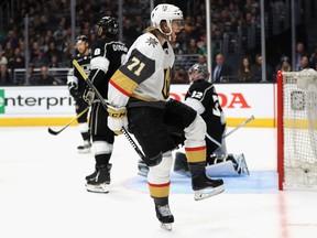 William Karlsson of the Vegas Golden Knights reacts to scoring a goal against the Los Angeles Kings at Staples Center on April 15, 2018