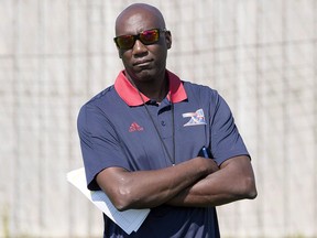 Montreal Alouettes general manager and interim head coach Kavis Reed runs the team's practice in Montreal on September 13, 2017. (THE CANADIAN PRESS/Ryan Remiorz)