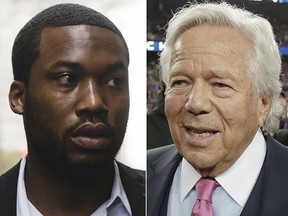 At left, in a Nov. 6, 2017, file photo, rapper Meek Mill arrives at the criminal justice center in Philadelphia. At right, in a Jan. 21, 2018, file photo, New England Patriots owner Robert Kraft leaves the field in Foxborough, Mass.  (AP Photo/File)