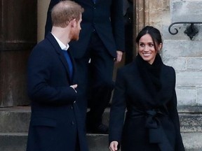 FILE - In this Thursday, Jan.18, 2018 file photo, Britain's Prince Harry and his fiancee Meghan Markle leave after a visit to Cardiff Castle in Cardiff, Wales. When Meghan wore The Dina style jean from the Hiut Denim Company, there was worldwide publicity about a firm in Wales which started to re-employ workers displaced when the local factory closed.