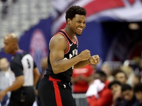 Kyle Lowry of the Toronto Raptors celebrates after scoring against the Washington Wizards during Game 4 at Capital One Arena on April 22, 2018 in Washington, DC. (Rob Carr/Getty Images)