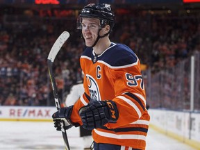 Edmonton Oilers' Connor McDavid celebrates a goal against the Anaheim Ducks during second period NHL action in Edmonton, Alta., on March 25, 2018