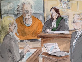 In this artist's sketch, alleged serial killer Bruce McArthur makes an appearance via video in a Toronto courtroom, Wednesday, April 11, 2018.