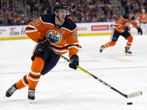 Edmonton Oilers' Connor McDavid (97) skates with the puck against the Columbus Blue Jackets at Rogers Place, in Edmonton Tuesday March 27, 2018. (David Bloom/Postmedia)